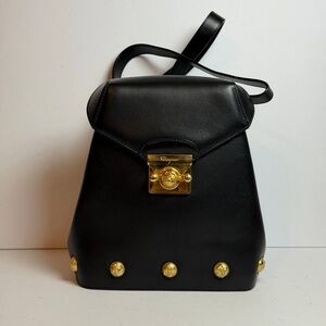 Salvatore Ferragamo Gancini Leather Backpack Gold-tone Hardware Studs Details